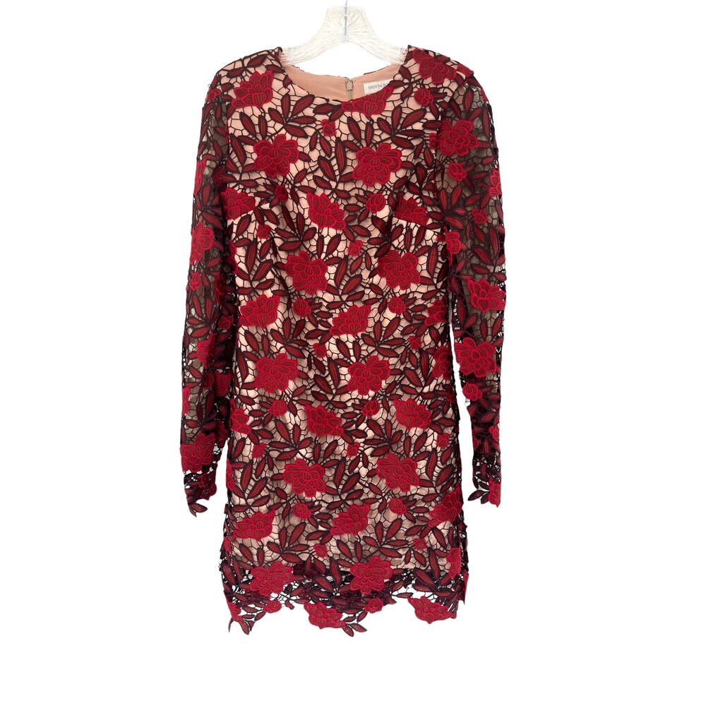 Dress the Population Red Floral Long Sleeve Jessica Lace Mini Dress Size Small‎